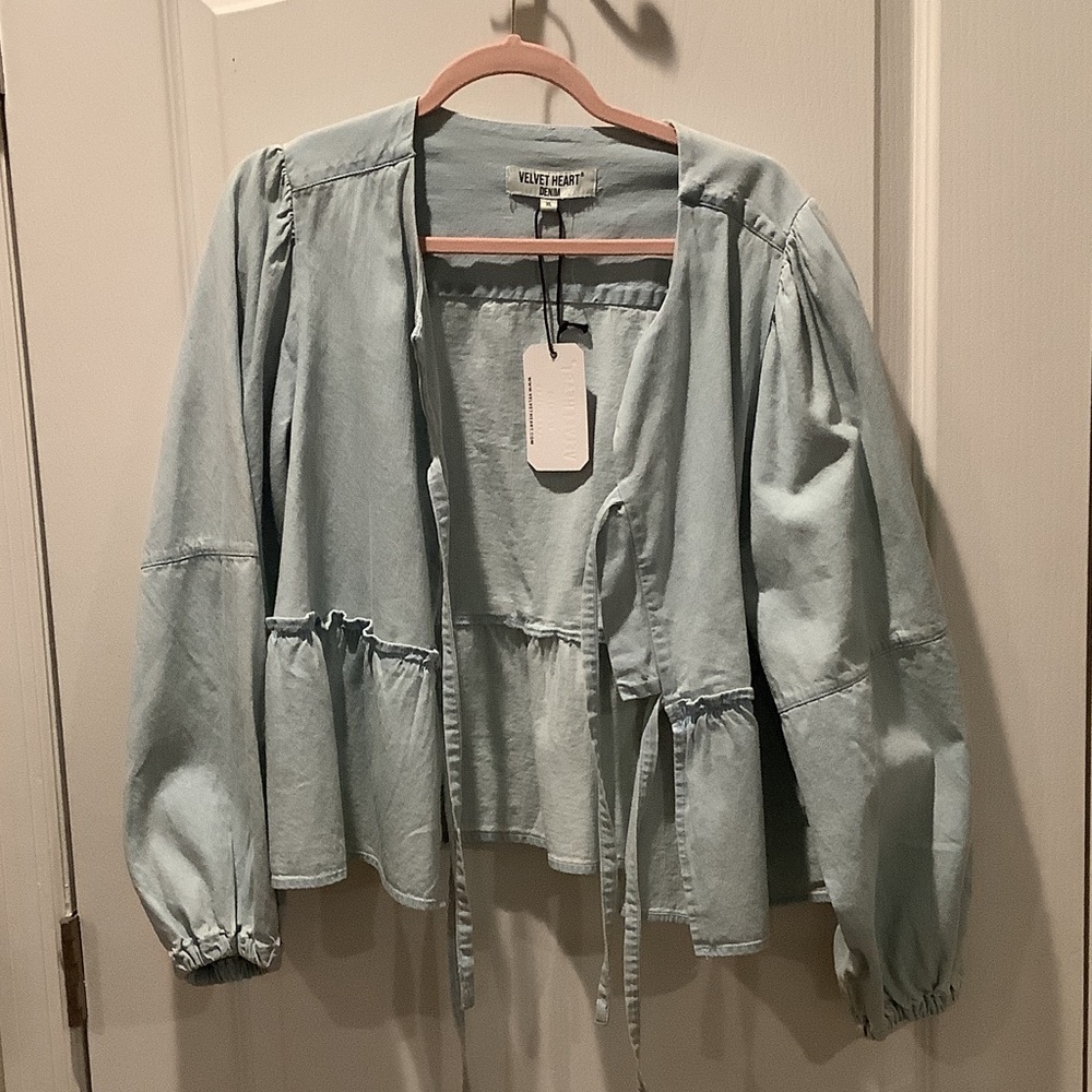 Velvet Heart Pale Blue Tie-Front Peplum Jean Jacket